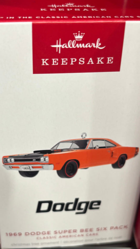 Hallmark Keepsake ornament packaging with a Dodge Super Bee illustration.