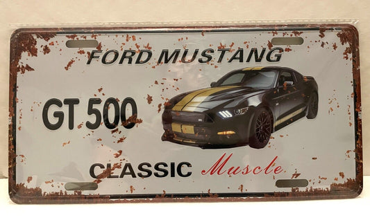 FORD MUSTANG GT500 BLACK GOLD STRIPE Metal Vintage Tin License Number Plate Sign