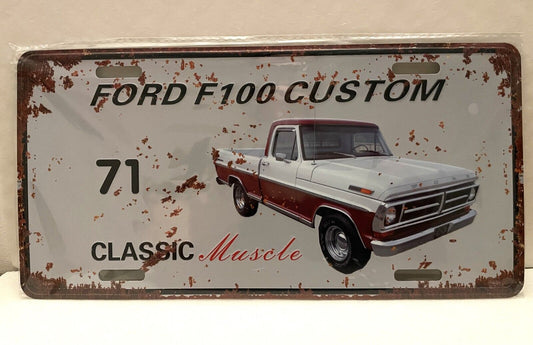 FORD F100 CUSTOM UTE 2 DOOR RED 1971 Metal Vintage Tin License Number Plate Sign