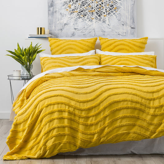 Queen Cloud Linen Wave 100% Cotton Chenille Vintage Washed Tufted Quilt Cover Set Mustard