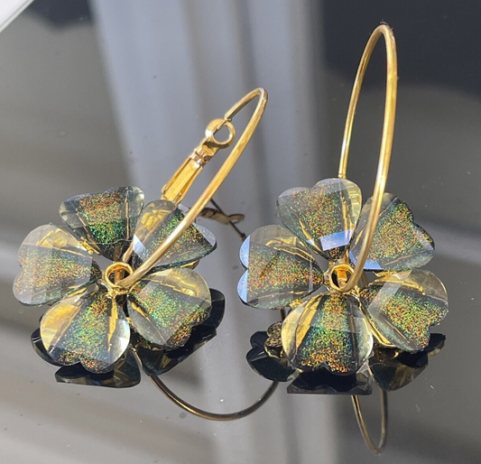 Hoop Flower Gold Green Earrings Fashion Jewellery Unique Christmas
