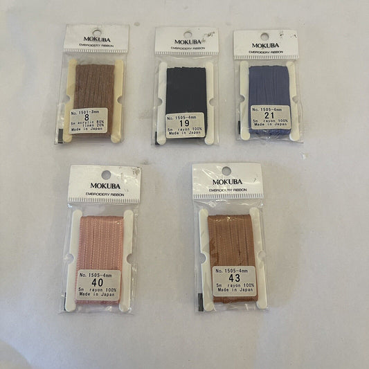 5 x Mokuba Embroidery Ribbons Made In Japan No's 8, 19, 21, 40, 43,