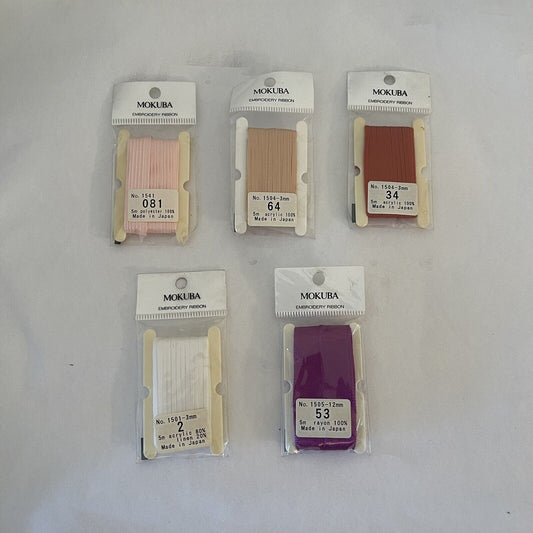 5 x Mokuba Embroidery Ribbons Made In Japan No's 081, 64, 34, 2, 53,