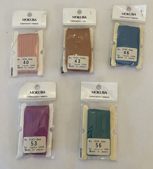 5 x Mokuba Embroidery Ribbons Made In Japan No's 40, 53, 56, 43, 46,