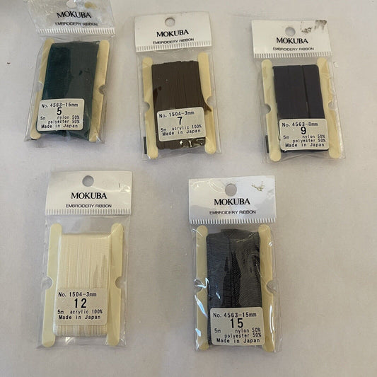 5 x Mokuba Embroidery Ribbons Made In Japan No's 5, 7, 9, 12, 15, Bulk Lot