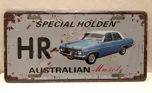 HOLDEN HR 4 DOOR BLUE w/ WHITE ROOF Metal Vintage Tin License Number Plate Sign