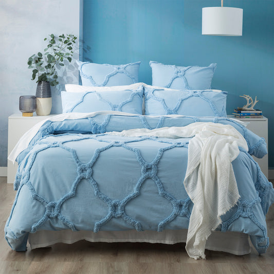 Super King Renee Taylor Moroccan 100% Cotton Chenille Vintage Washed Tufted Quilt Cover Set Sky