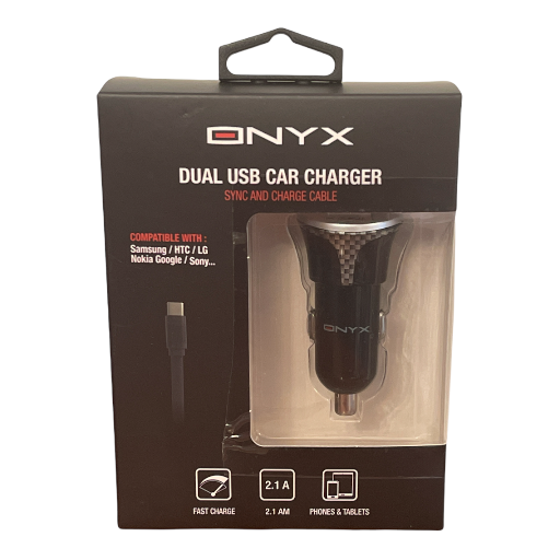 Onyx Dual USB Car Charger Type C Cable & Cigarette Plug In USB Charger