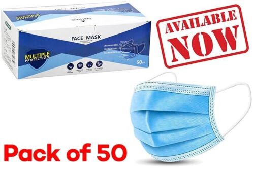 Face Masks Elastic Type 50 Pack Blue Non Woven Fabric Breathable & Comfortable